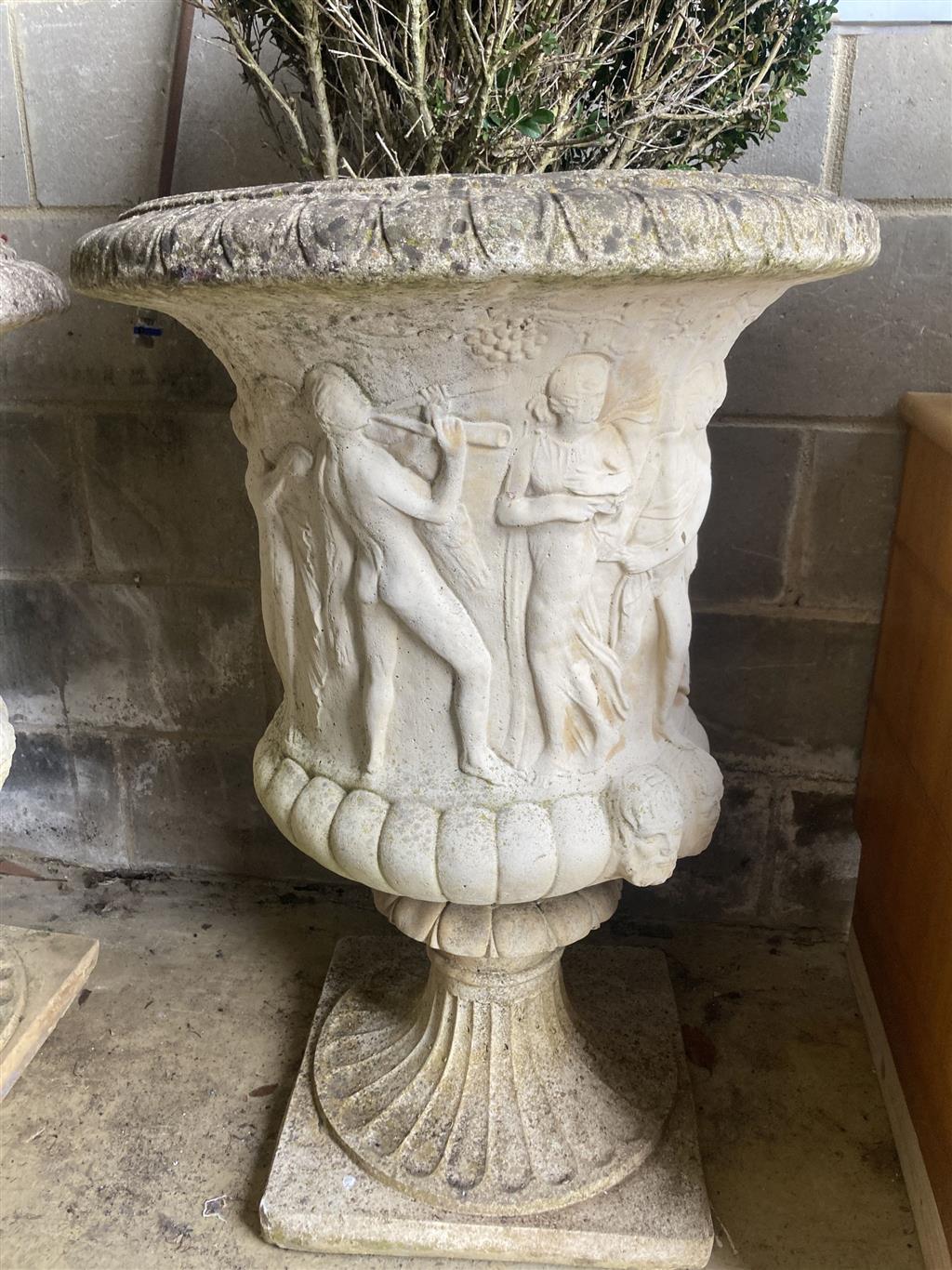 A pair of reconstituted stone campana shaped garden urns, diameter 60cm, height 90cm